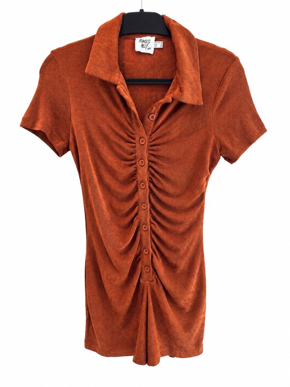 Princess Polly Rust Orange Ruched Button Front Romper